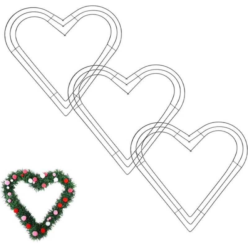 3 Pieces Green Christmas Heart Shape Wire Wreath Mould, 12 Inch Heart Metal Wire Wreath Frame, Wedding Garland, Holiday Wreaths for Christmas, Wedding Party, Christmas Door/Wall Decoration DIY Crafts