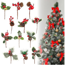 Pack of 24 Christmas Artificial Pine Branches, Artificial Fir Branches, Small with Berries and Pine Cones, Artificial Pine Cones, Berry Branches, Red for Christmas Decoration, Christmas Tree (B)