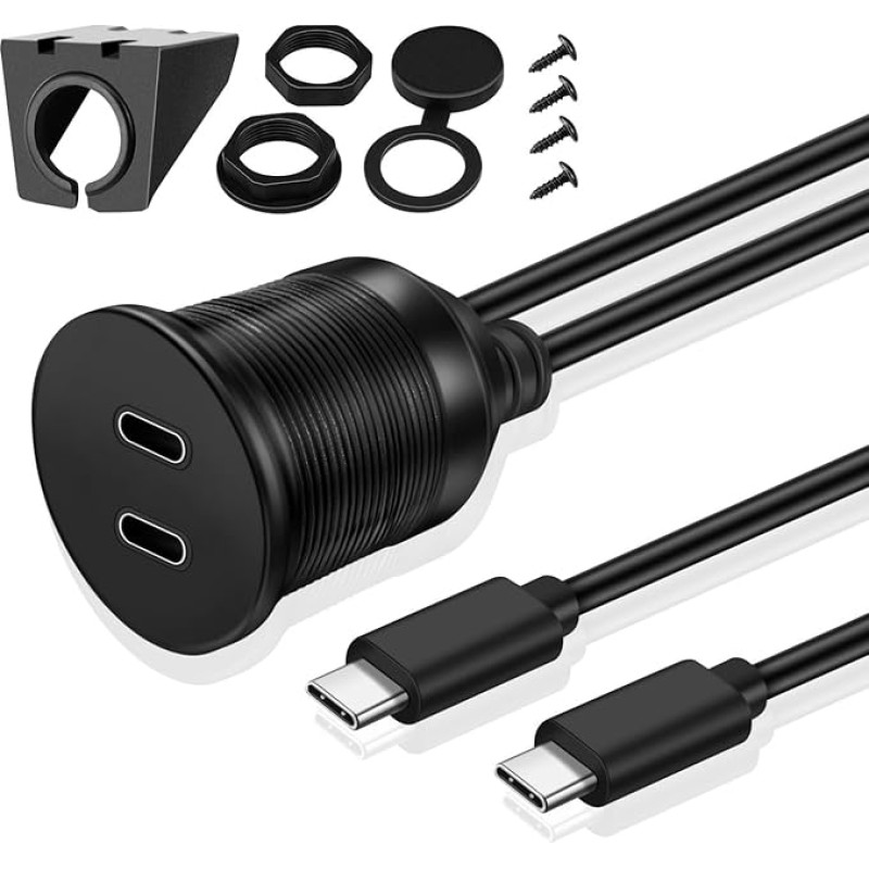 TNP USB C Panel Socket Cable - 1 m, Car USB 3.0 Installation Socket Cable, USB Type C Extension Cable, USB Dashboard Cable, 2 x Type C Male to 2 x Type C Female for Car, Truck, Boat, Motorcycle, Black