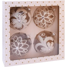 VITBIS Glass Christmas Baubles Set of 4 White Diameter 10 cm Hand-Decorated Hand-Painted