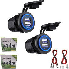 Car USB Socket, Pack of 2 Car Charger Socket, 12 V/24 V, Waterproof, Dual USB Car Charging Socket with 23.6 Inch Cable, Double Charging Ports for 12 V Car, Motorhome, Boat, Motorcycle, Mobile