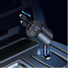 Lopnord Retractable Car Charger, 4 in 1 60 W Car Charger, Cigarette Lighter USB C with Retractable Cable and Charging Ports, for iPhone 16/15/14/13/12/11 Pro/iPad (2 Lighting Cords)