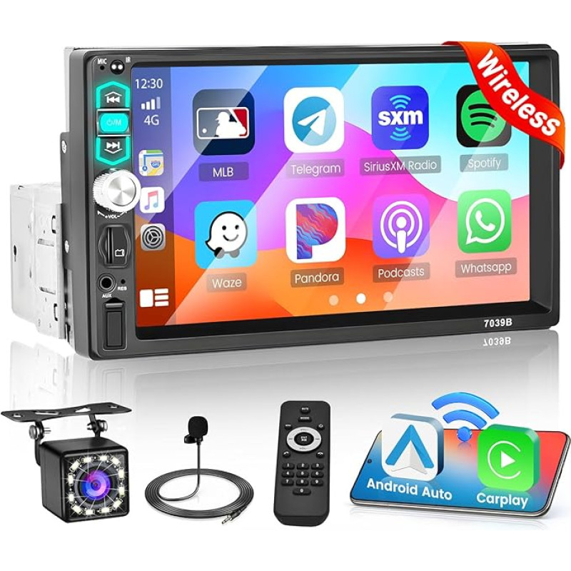 Car Radio Wireless CarPlay Android Car 1 DIN Radio with Screen 7 Inch Touch Display Car Radio with Bluetooth Hands-Free Kit FM USB AUX TF Reversing Camera