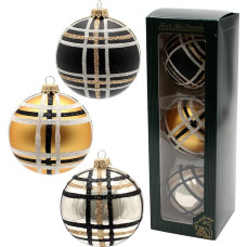 Dekohelden24 Lauschaer (KGL10833) Christmas Tree Decorations Set of 3 Glass Baubles in Gold, Black and Ivory Mouth-Blown and Hand-Decorated with Gold Crowns, Diameter Approx. 8 cm