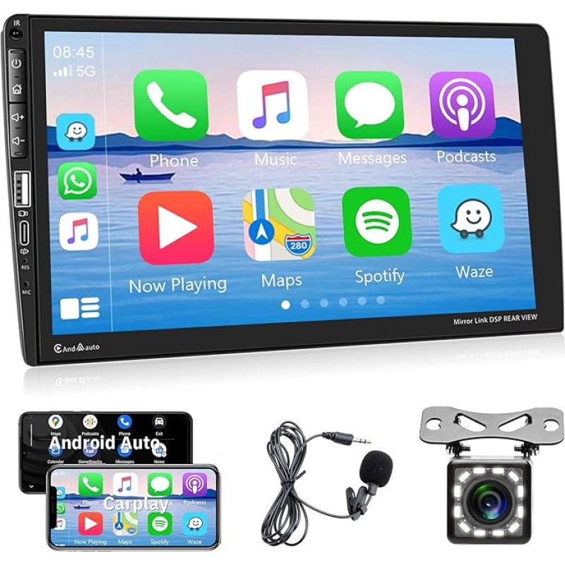 Car Radio 1 DIN with Apple Carplay Android Car Bluetooth Hands-Free Kit 9 Inch Touchscreen Car Radio with Mirror Link Bluetooth FM Radio USB/AUX/TF/EQ Steering Wheel Control + Reversing Camera