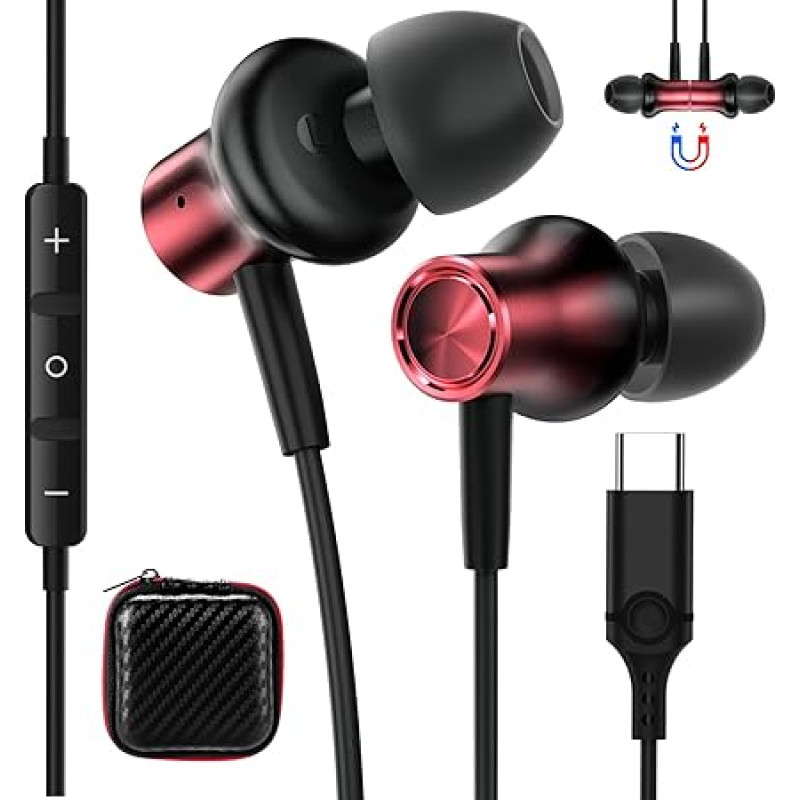 USB C Headphones for iPhone 15 Pro Samsung A54 A34 5G, Magnetic In-Ear Headphones with Microphone Type C Headphones USB C Connection USB C Headset for Pixel 9 8a 7 Galaxy A55 A35 A33 A53 S24 Mi 13