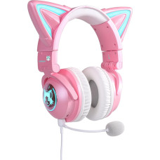 KUQIRMAOERJI Wireless Cat Ear Headphones (12 Colour Changing) with Connectable HD Microphone and Microphone Mute Button, 3.5mm Jack, Gaming for Various Game Consoles (Pink)