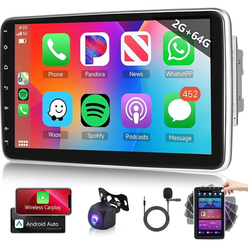 2G + 64G Android Car Radio 2 DIN with Wireless Apple Carplay Android Car with GPS Navigation WiFi 10.1 Inch Vertical Rotating Screen Car Radio with Bluetooth FM/RDS/DAB+/DVR Steering Wheel Control