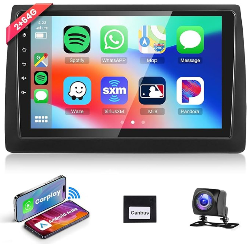 Podofo Carplay Car Radio for Fiat Stilo 2002-2010, 9 Inch Touchscreen Car Radio 2G + 64G with Wireless Carplay Android Car, Bluetooth/GPS/WiFi/FM/RDS/SWC/HiFi/USB+Reversing Camera