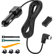 Range Tour Car Charger, Mini USB and Micro USB Interfaces L Type Driving Recorder Power Cord 4m/13.12ft 12V/24V to DC5V 3A