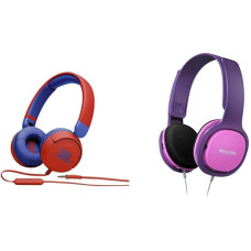 JBL Jr310 On-Ear Children's Headphones in Red/Blue - Wired Earphones with Headset and Remote Control & Philips Audio SHB3075RD/00 On-Ear Children's Headphones Pink/Purple