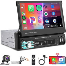 Podofo Wireless Carplay Android Car 7 Inch Car Radio Bluetooth 5.1 1Din with Retractable Display Manual Touch Screen, FM Radio with 2USB/AUX/SD/Steering Wheel Control with Reversing Camera/7 Colourful