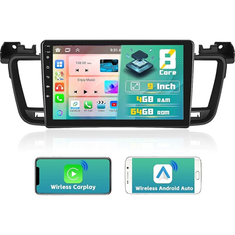 Hikity 8-Core/4G + 64G for Peugeot 508 2012-2016 Android 13 Car Radio with Wireless CarPlay Android Car 9 Inch Touchscreen Car Radio Bluetooth with Sat Navi WiFi SWC DSP 59UI FM RDS Mic Reversing