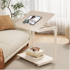 AQIMUELE C-förmiger Beistelltisch aus Holz, Couchtisch mit verstellbarem Schreibtisch, kleiner Beistelltisch mit 2 feststellbaren Rädern, 59,3 cm Breite, kleiner Beistelltisch für Couch, Wohnzimmer