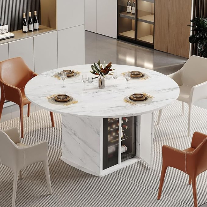 IBF Runder Esstisch mit Platz für den Kühlschrank, 119,4 cm, Kunstmarmor-Küchentisch für 4-6 Personen, moderner runder Esszimmertisch mit Ablage, Holz-Esstisch für Zuhause, weißer Marmor (nur Tisch)