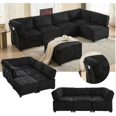 308 cm ilgio sofa Modulinė 6 sėdimų vietų sofa Korsakinio audinio ergonomiškos kišenės, lengvai derinama kaip U formos/L formos/Sofa lova, tvirta medinė ir metalinė konstrukcija, lengvai surenkama (juoda)