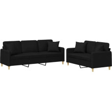 vidaXL 2 dalių sofos komplektas, fotelis, sofa su pagalvėle, svetainės sofa su porankiais, sofos komplektas, dizainerio sofa, sėdimieji baldai, minkšti baldai, juodas audinys