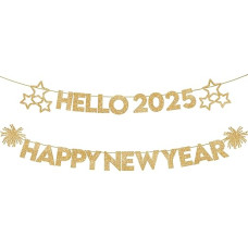 Hello 2021 Happy New Year Banner - Gold Glitter, 2 Strings, New Year's Eve Party Supplies 2021, Happy New Year Decorations 2021, New Year's Eve Decorations, Happy New Year Sign for NYE Decorations 2021
