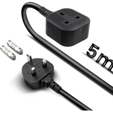 Einzelstecker-Verlängerungskabel, 5 m, 1-Gang-Steckdose, Überspannungsschutz mit 2 Ersatzsicherungen, 13 A, 3 kW, 230 V, für den Außenbereich, Garten, Schwarz