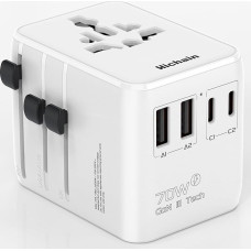 Hichain Worldwide Travel Adapter, 70 W International Socket Adapter, Travel Plug with 2 USB-A and 2 USB-C Fast Charging Ports, Universal Adapter for Europe, USA, UK, Japan, Travel Adapter, White