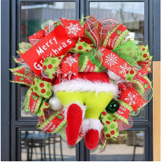 Kalėdų vainikas Žalioji Grinčo Kalėdų dekoracija Durų vainikas Kalėdų Grinčo durų dekoracija Kalėdos 50 cm juostų vainikas Girlianda Kalėdų pliušiniai ornamentai Šalies puošmena priekinių durų langui
