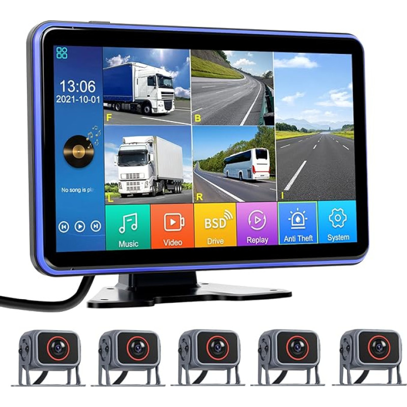 [5 padalintas ekranas] Nešiojamos atbulinės eigos kameros 5 kamerų rinkinys, 10,1 colio 5 padalintas jutiklinis monitorius, palaiko vaizdo įrašymą USB/DVR/SD/BSD + 5 x IP68 vandeniui atsparios 18IR naktinio matymo kameros priekaboms