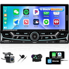 CAMECHO Double DIN Radio with Wireless Carplay Android Car YouTube, 6.9 Inch Touchscreen 2Din Car Radio Bluetooth 5.2 with FM/AM/RDS Mirror Link Steering Wheel Control + Reversing Camera, 2USB/AUX SWC