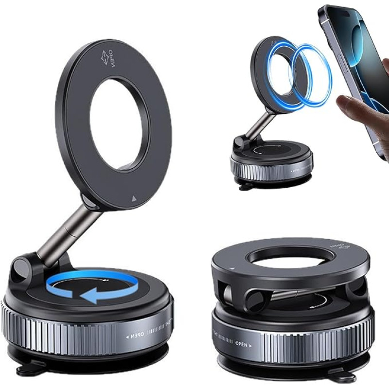 Magnetinis telefono laikiklis automobilyje su vakuumine technologija, mobiliojo telefono laikiklis, stiprus siurbimo puodelis, 360° reguliuojamas prietaisų skydeliui, priekiniam stiklui, suderinamas su iPhone 12-16 Samsung S24 Ultra, juodas
