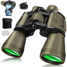 Suaugusiųjų žiūronai 20 x 50 su BAK4 prizmės FMC objektyvu Naktinio matymo HD žiūronai Suaugusiųjų kompaktiški vandeniui atsparūs HD galingi dideli okuliarai medžioklei, paukščių stebėjimui su išmaniojo telefono adapteriu