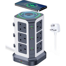 Tower Extension Lead with Wireless Charger, [13A 3250W] Surge Protector, 12 AC Outlets & 6 USB Ports Multi Plug Socket Power Strip with Heavy-Duty Extension Cable 2 m