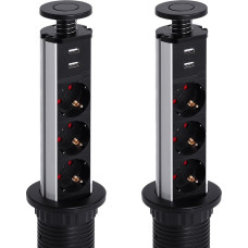 LEUTED 2 vnt. 3 krypčių ištraukiamų stalinių kištukinių lizdų, 2 USB stalinių maitinimo lizdų su apsauga nuo vaikų ir 1,8 m kabeliu, daugkartiniai kištukiniai lizdai biurui ir virtuvei, skersmuo 60 mm, juodos spalvos