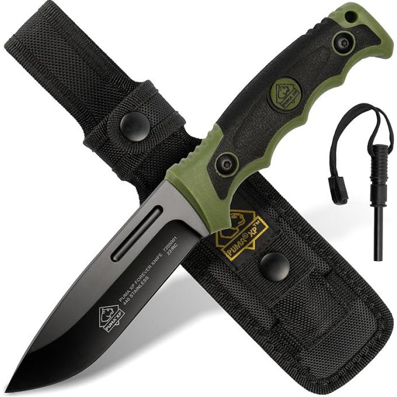 PUMA XP - Forever Knife Green - Fiksuotas peilis su diržu - Geležtės ilgis: 123 mm / Geležtės storis: 5 mm / Svoris: 220 g - Pagamintas iš 440 plieno (55-57 HRC) - Skirtas lauko darbams, išgyvenimui, medžioklei ir bušido darbams