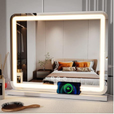 ZL ZELing Hollywood Make-Up Mirror with Lighting, Mirror with Lighting, Table Mirror with 3 Colour Lighting Modes, Touch Switch, Vanity Mirror, 10x Magnification, Table Top & Wall Mount, 58 x 48 cm
