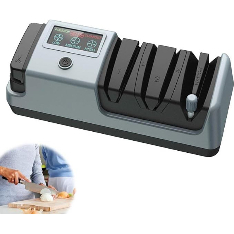 Elektrinis peilių galąstuvas, profesionalus įkraunamas peilių galąstuvas su 3 greičiais, ergonomiškas peilių galąstuvas su ekrano ekranu, skirtas šiurkštiems ir smulkiems peiliams galąsti