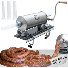 MAGIC HOME Stainless Steel Sausage Filler | 3 L / 4 kg | Manual, Horizontal | High-Quality Sausage Filling Machine, Sausage Press, Sausage Machine, Bratwurst, Cevapcici Machine | 4 Filling Tubes, 2