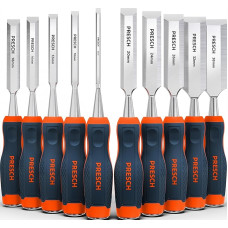 Presch 10-Piece Wood Chisel Set - Ready Ground Chisel (6, 10, 12, 16, 18, 20, 24, 26, 32, 38 mm) - Professional Rising Bar with 25° Wedge Angle and Robust Metal Striking Cap