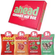 Vaisių kramtomosios gumos mišinys, 12 x 50 g, saldumynai be pridėtinio cukraus, tik 1 g cukraus ir 73 kalorijos, 97 % mažiau cukraus, mažai angliavandenių turintys saldumynai, 4 rūšys: Saldūs persikai, kola, rūgščios vyšnios.