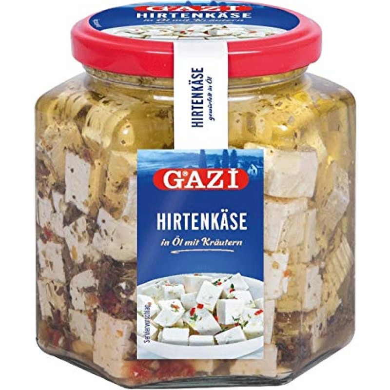 Gazi Shepherd's Cheese in Oil with Herbs - 1 x 300 g Jar - Karvės sūris Karvės sūris rapsų aliejuje Žolelės 45 % riebumo 100 % karvės pieno Švelnus mikrobinis laboratorinis Vegetariškas Be glitimo Halal