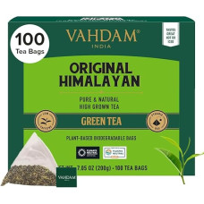 VAHDAM Himalajų žalioji arbata (100 piramidinių arbatos maišelių), 100 % gryna ir aromatinga, natūrali žalioji arbata, palaidi lapai, šviežia ir tiesiogiai iš šaltinio Indijoje, verdama karšta arba šalta