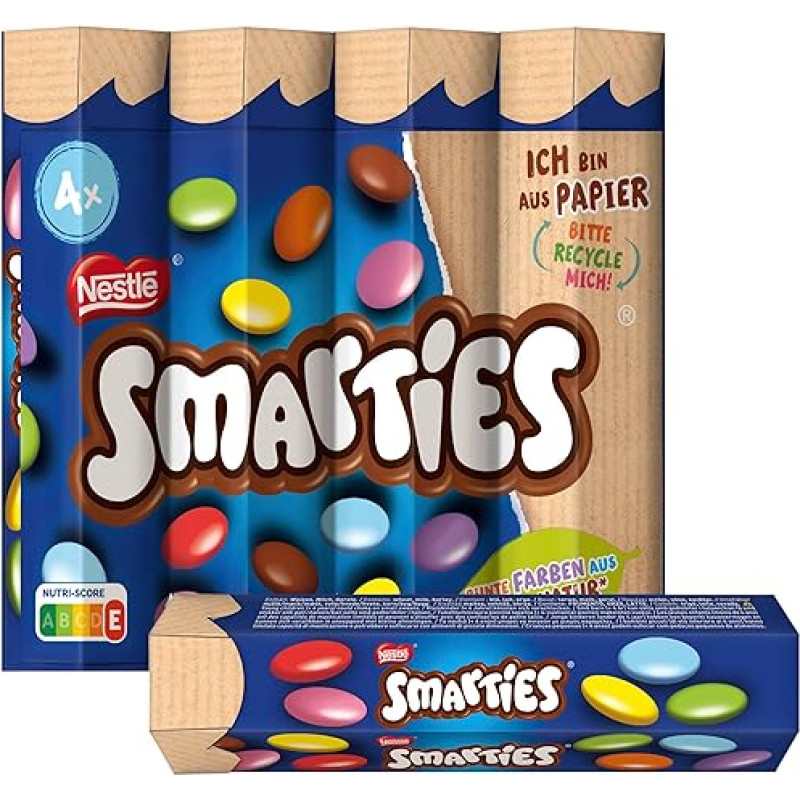 Nestlé Smarties Multipack, mažas ritinėlis, spalvingi šokoladiniai saldainiai, idealiai tinka vaikų gimtadieniams, natūralių spalvų, šešiakampis ritinėlis, pakuotė po 1 (4 x 34 g))
