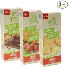 LCW sausainių rinkinys be pridėtinio cukraus, šokoladiniai lazdyno riešutai + sviesto sausainiai + šokolado drožlės (3 x 135 g) Mažai cukraus su saldikliu, su maltitoliu, su avižiniais dribsniais, sausainiai be cukraus - papildymas*