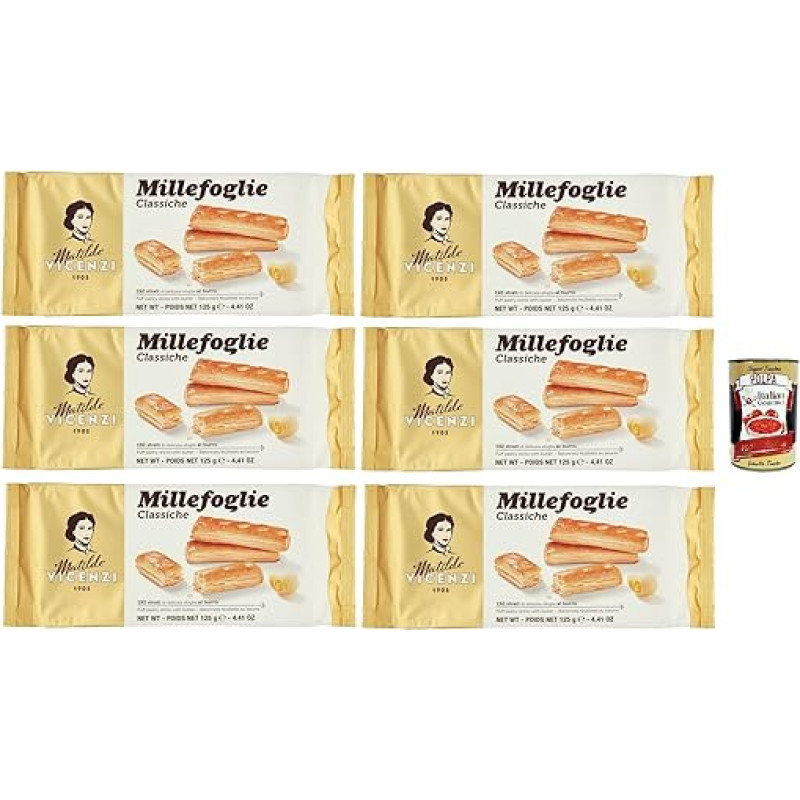Matilde Vicenzi Millefoglie Classiche Itališkos sluoksniuotos tešlos lazdelės, švelnios, lengvos ir traškios, neatsparaus sviestinio skonio 6 x 125 g sausainių + itališka gurmaniška polpa 400 g