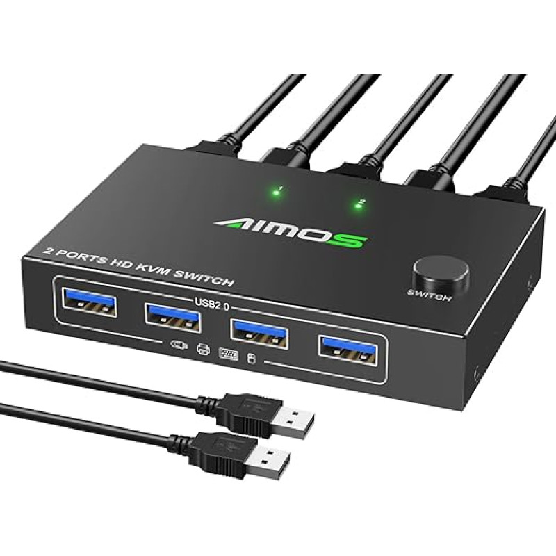 KVM jungiklis HDMI 2 prievadai 4K @ 30Hz, MLEEDA HDMI ir USB jungiklis, skirtas 2 kompiuteriams dalytis klaviatūros, pelės, spausdintuvo ir UHD monitoriaus rinkiniu, su 2 USB ir 2 HDMI kabeliais