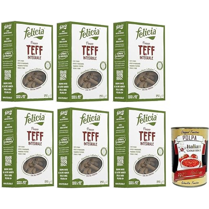 6 x Felicia Penne di Teff Integrale, makaronai su 100 % viso grūdo tefo, autentiškas Etiopijos virtuvės skonis, 250 g pakuotė + itališka gurmaniška Polpa di Pomodoro 400 g skardinė
