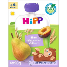 HiPP Organic Quetschie Pear Plum with Whole Grain, Pack of 16 (Pack of 4 x 90 g) for Babies from 6 Months, No Added Sugar, Vegan, Best Organic Quality