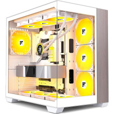 FOIFKIN kompiuterio korpusas - medžio riešuto priekinė panelė, iš anksto įmontuotas 7 PWM ARGB ventiliatorius, ATX Mid-Tower žaidimų kompiuterio korpusas, 270° panoraminis stiklas su C tipo jungtimi (baltas, M9)