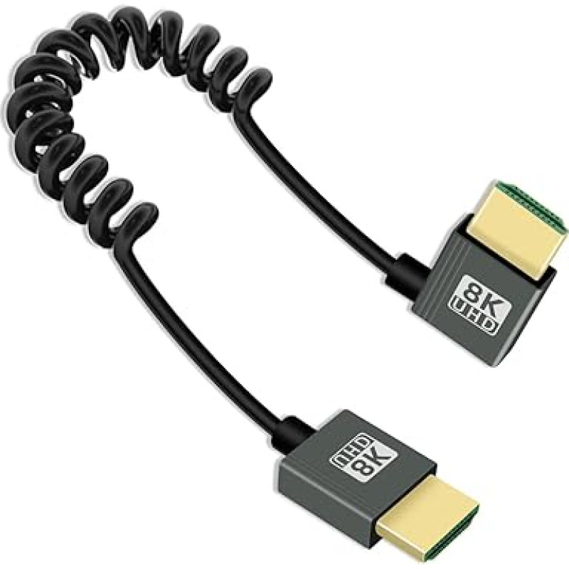 YANBORONSN 8K HDMI suvyniotas kabelis 2,2 pėdos, 90 laipsnių trumpas HDMI į HDMI kabelį, spyruoklinis spiralinis HDMI 2.1 kabelis 8K @ 60Hz, 48 Gbps, skirtas fotoaparatui / televizoriui / vaizdo įrašymo kortelėms / planšetiniam kompiuteriui (kairysis)