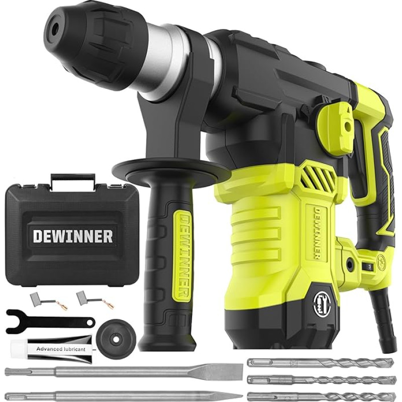 DEWINNER SDS-Plus plaktukinis gręžtuvas, 1500 W, 6 greičiai, 850 aps/min, 4400 aps/min, 5,5 J, apsauginė sankaba ir antivibracinė technologija, 4 funkcijos, įskaitant organizatorių, kaltą ir 32 mm grąžtą