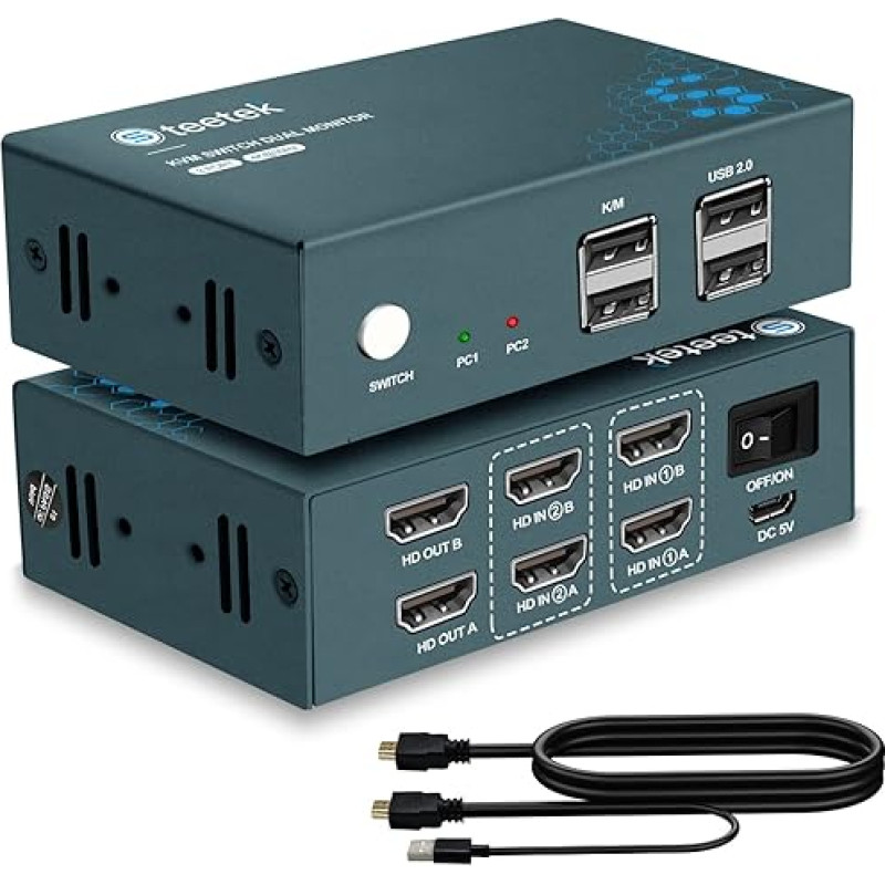 HDMI KVM jungiklis 2 monitoriams, Steetek USB 2.0 4K @ 30Hz 2 PC 2 monitorių jungiklis, HDMI1.4, HDCP1.4, KVM jungiklis 2 PC 2 monitoriams su kombinuotu kabeliu, mygtukų jungikliu ir sparčiųjų klavišų jungikliu