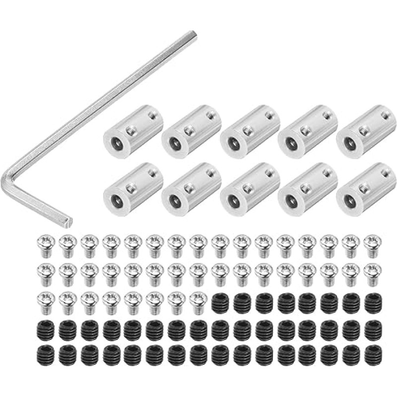QUARKZMAN 6 mm - 6 mm angos standi jungtis 25 mm ilgio 14 mm skersmens aliuminio lydinio jungtis sidabrinė 10 vnt. pakuotė su 10 vnt. jungčių 1 vnt. veržliarakčiu 80 vnt. varžtų